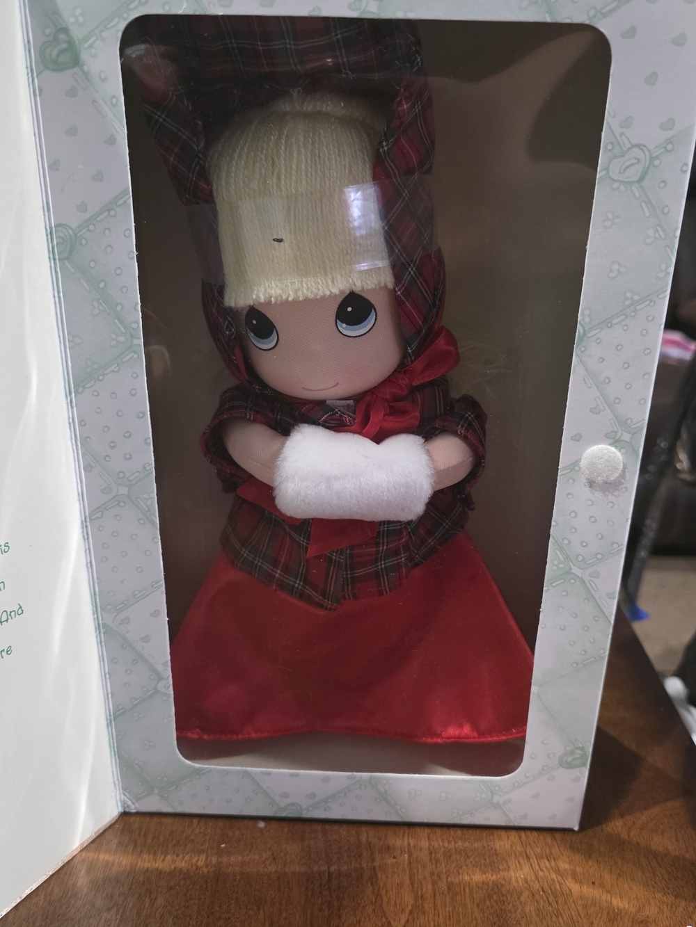 Precious Moments Green and White Holiday Collector Doll Box Art